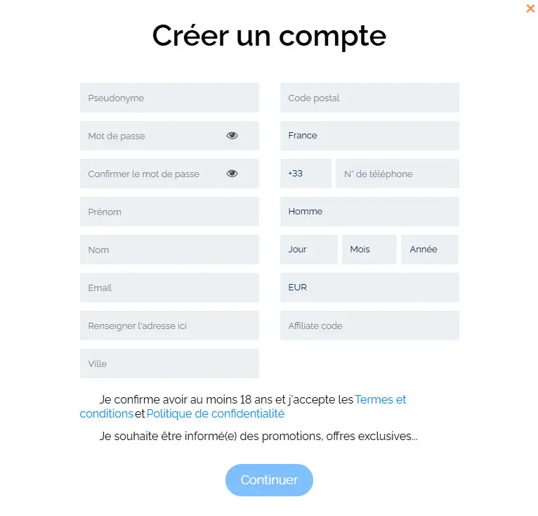 Processus d'inscription RX CASINO